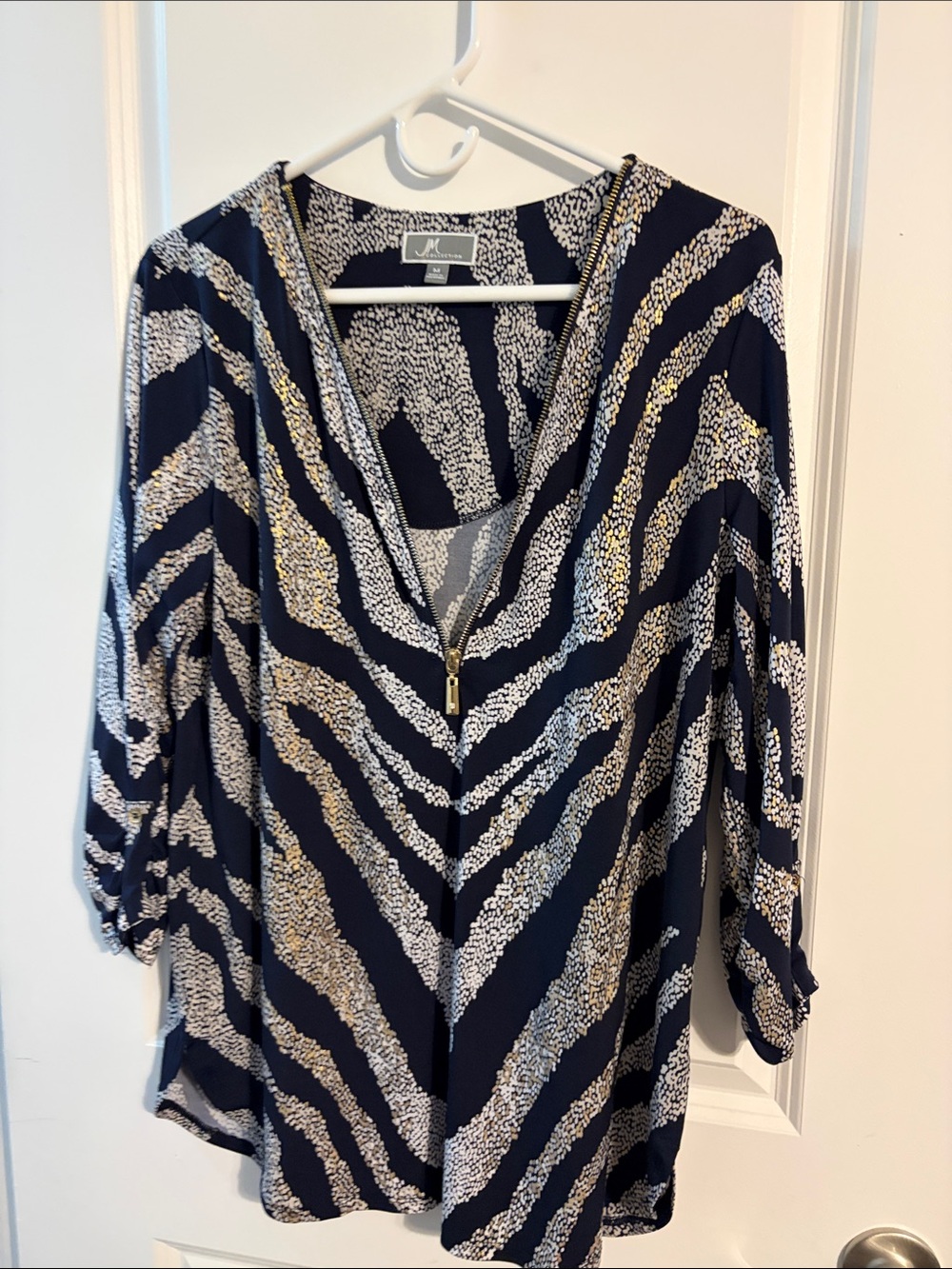 JM Collection Navy, White & Gold V-Neck Zip Tunic